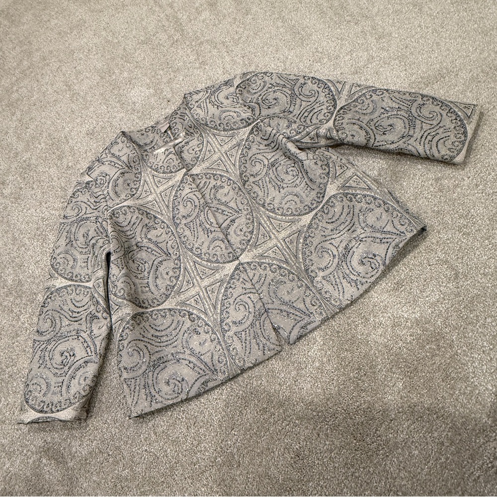 Chico's Women's Metallic Brocade Gray Mandala Jacket 3/4 Sleeves Size 2 - 12/14
